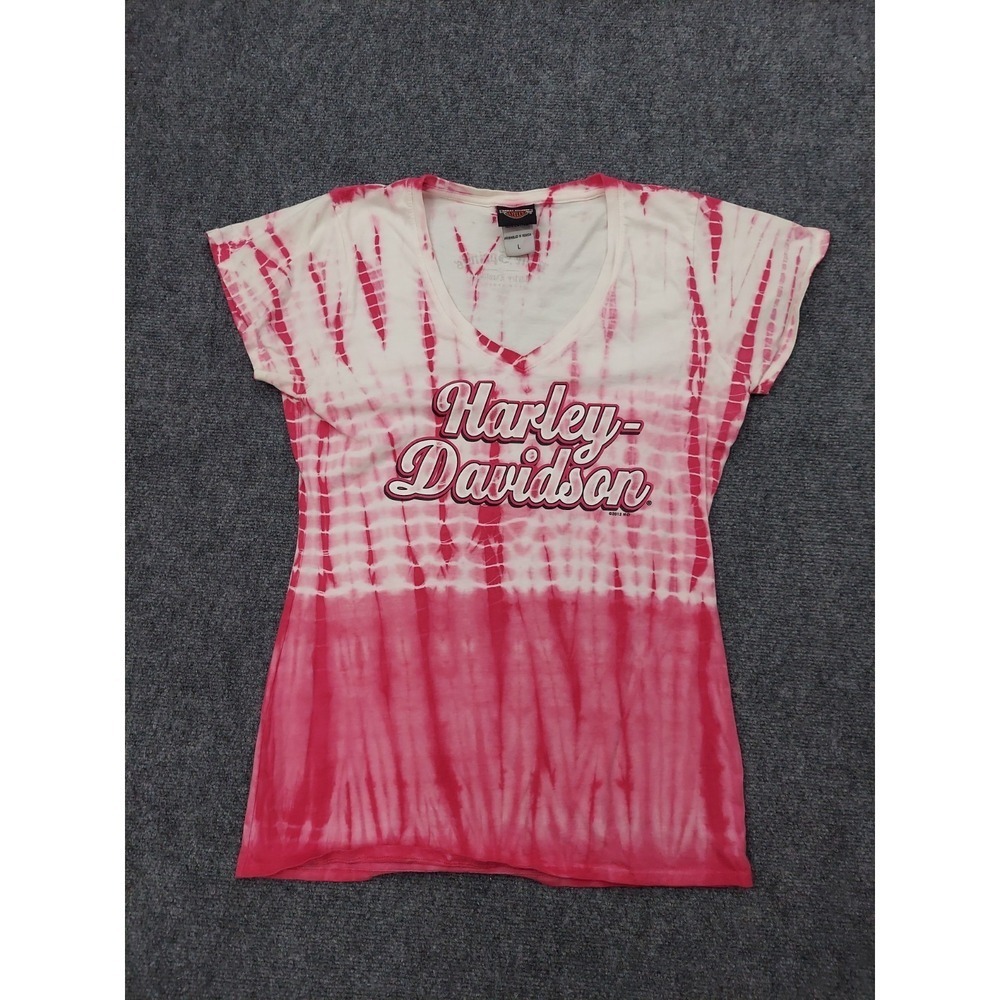 Harley Davidson Tee Shirt Womens Large Pink Tie Dye V Neck Short Sleeve Logo